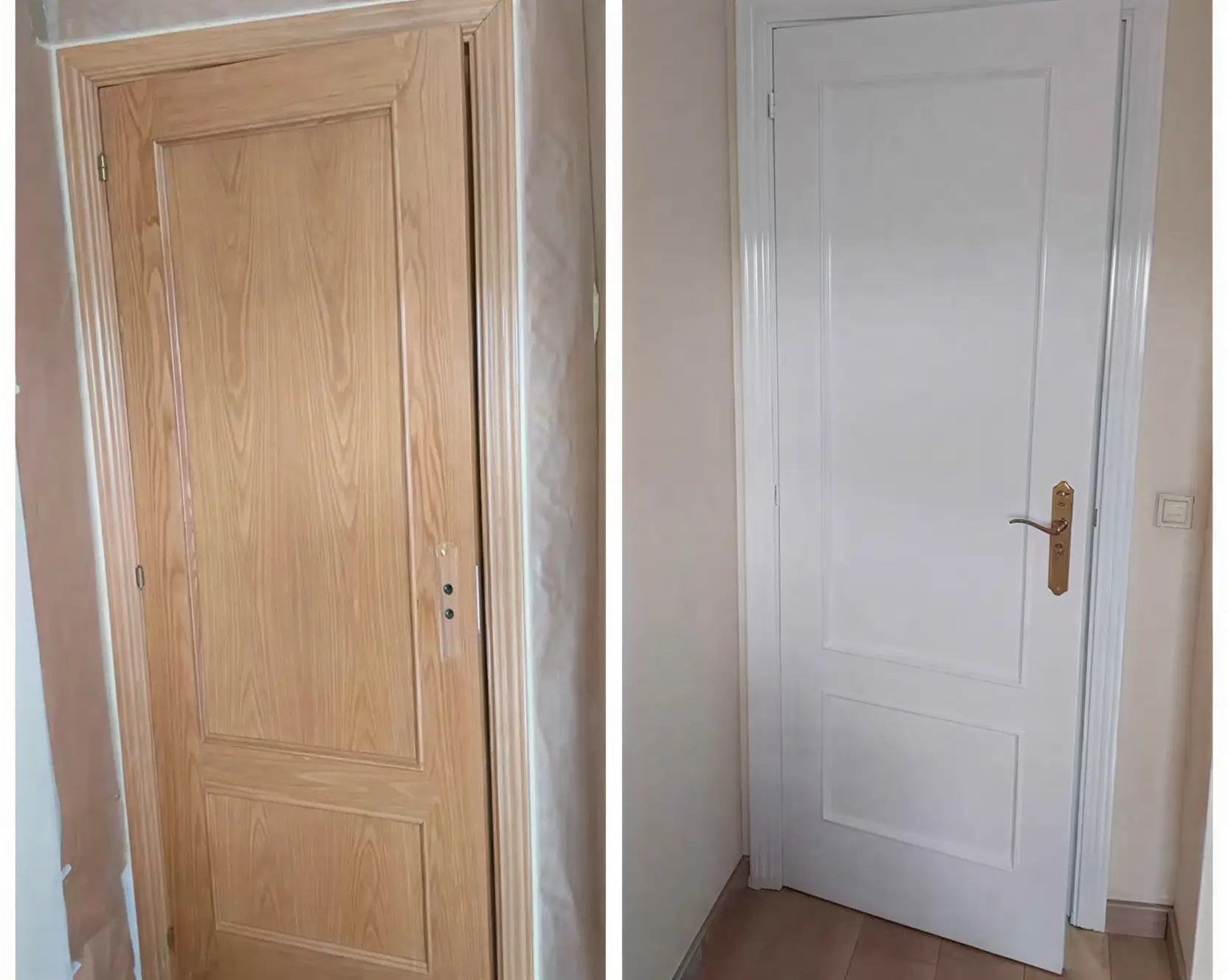 Antes y después de lacar puerta de madera en blanco por Los Pintores en Sevilla