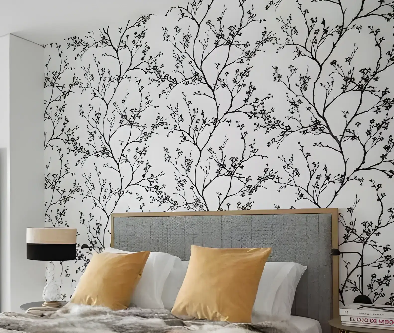 Los Pintores en Sevilla instalando papel pintado de ramas en cabecero de dormitorio moderno