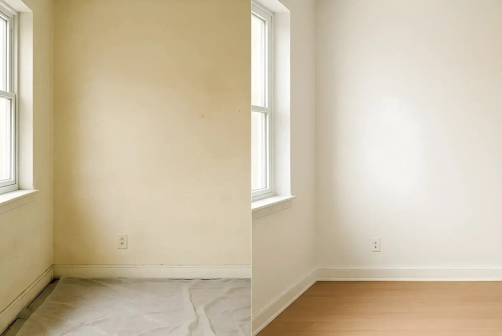 Antes y después de pintura interior en salón, trabajo de Los Pintores en Sevilla con paredes renovadas